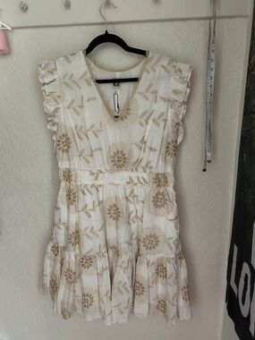 Anne Klein White Dress with Gold Floral Embroidery